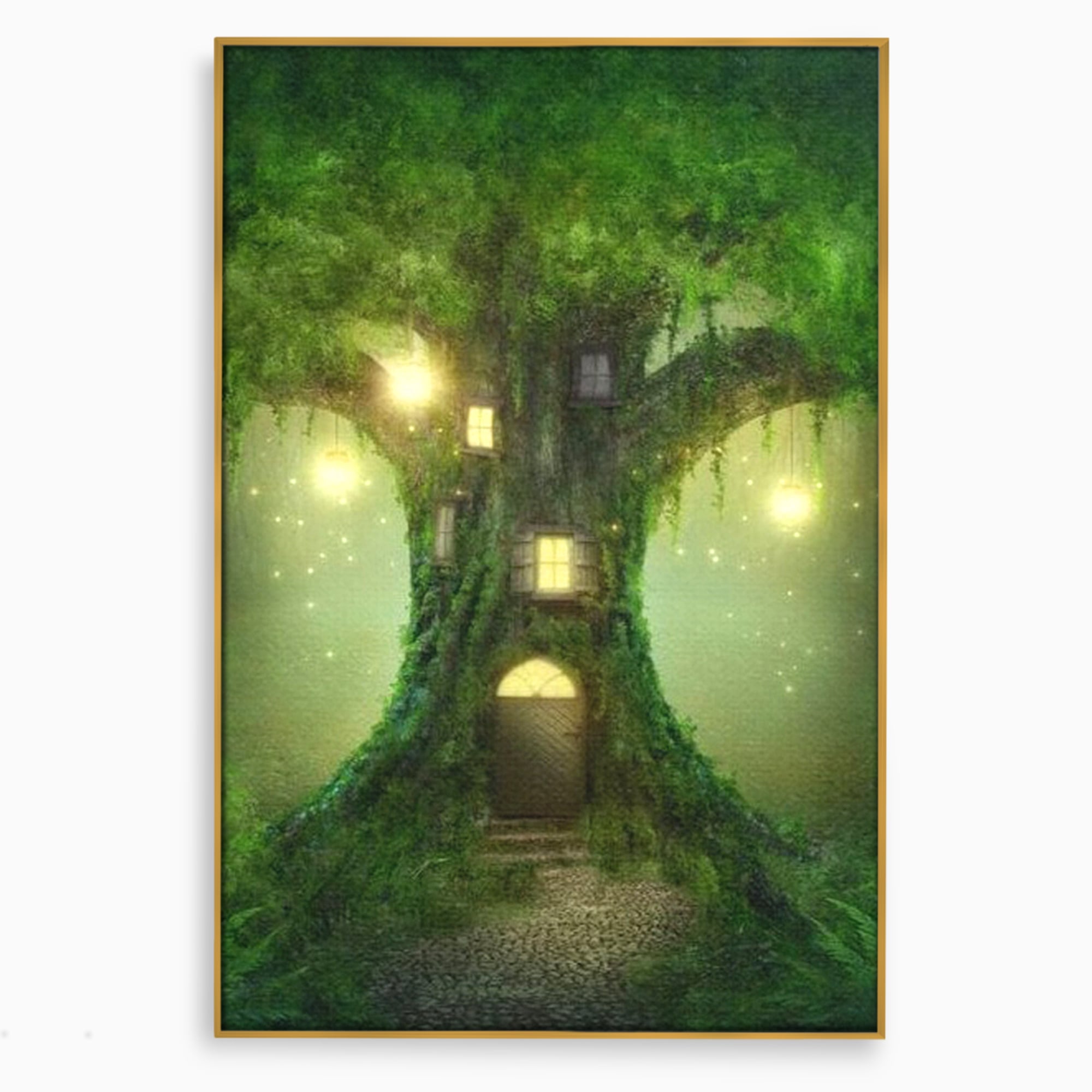 Tablou canvas cu ilustratie digitala cu un copac fermecat, in rama de aluminiu auriu
